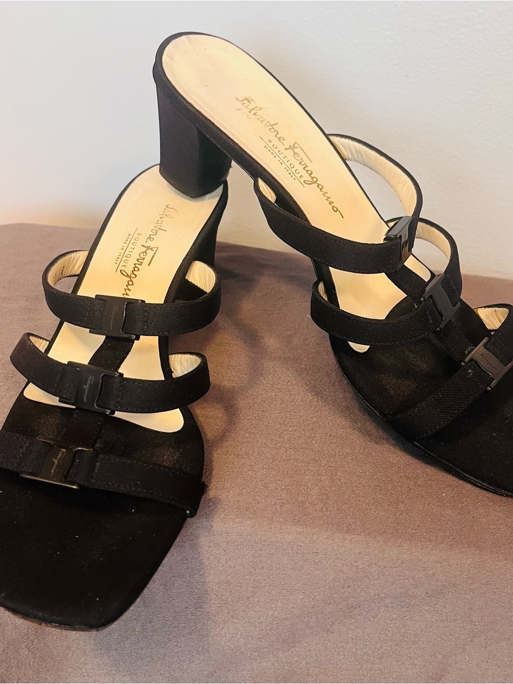 Salvatore Ferragamo Vintage Black Strappy Block Heel Sandals, Sz 10